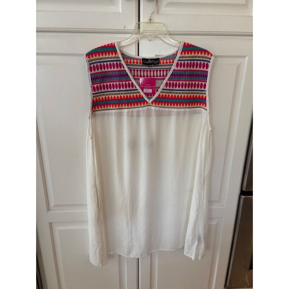 Liza Byrd Womens XXL White Sleeveless V-Neck Embroidered Yoke Tunic Top NWT‎